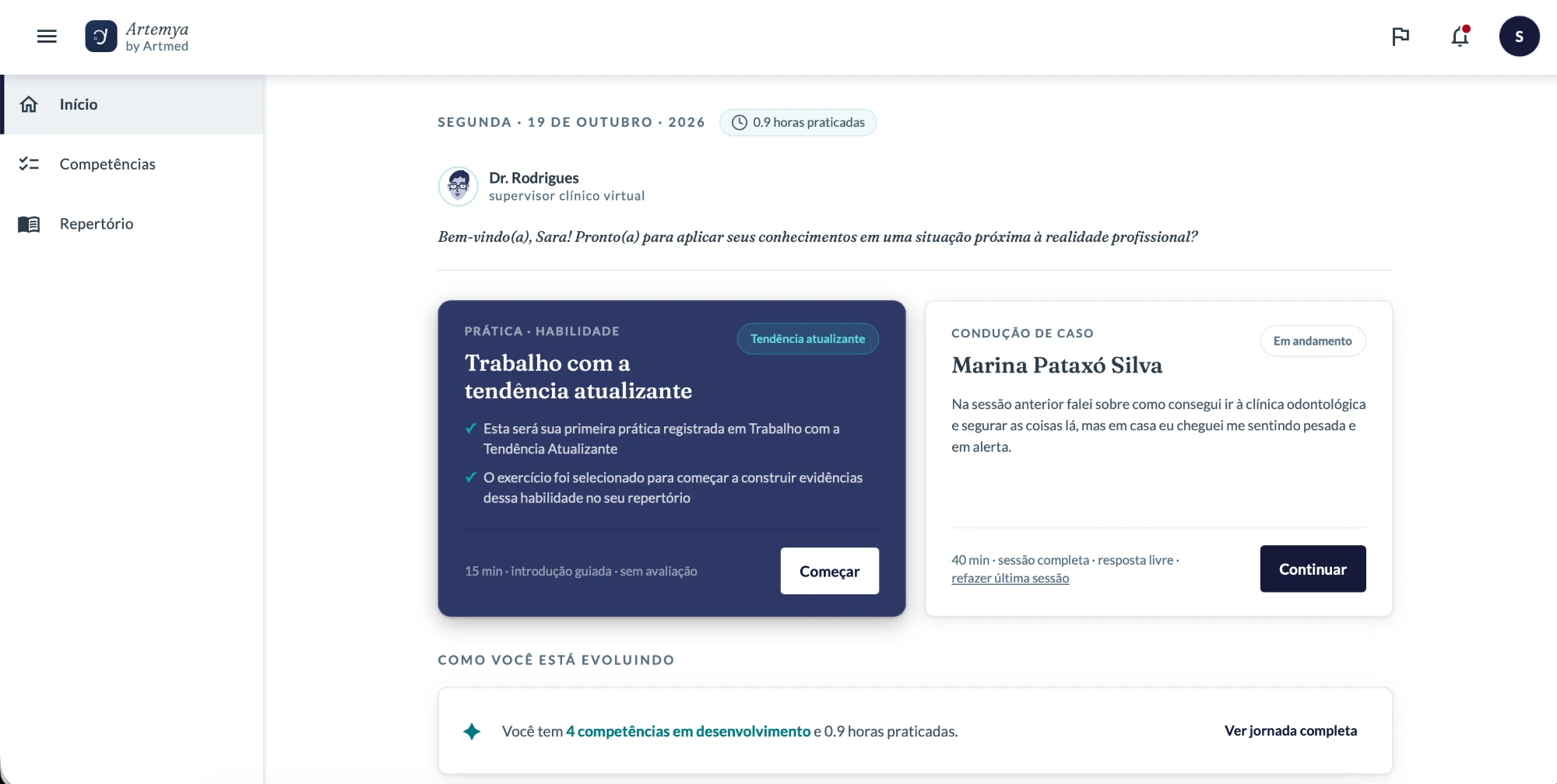 Artemya home: a guided practice card and an ongoing case, with a progress summary below.