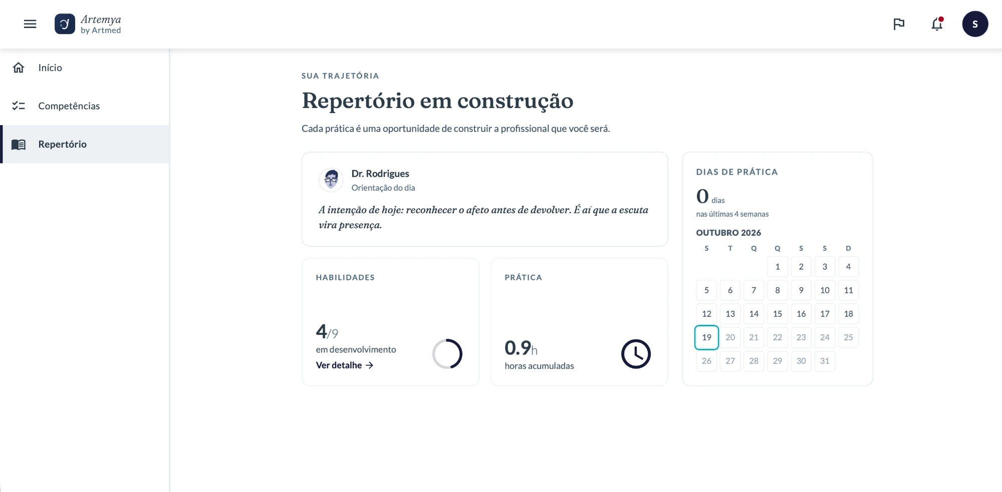 Repertoire screen: skills in development, hours of practice and a calendar of practice days.