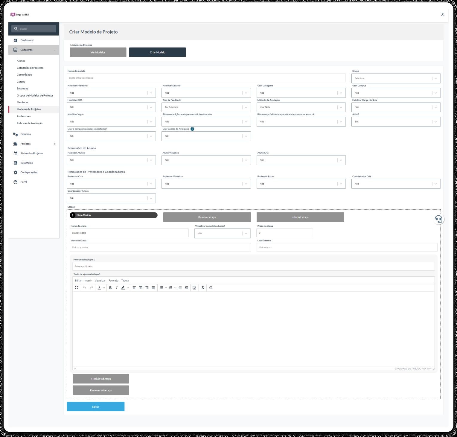 The legacy form to create a project template: a long grid of Yes/No dropdowns, from enabling mentors to student and professor permissions.