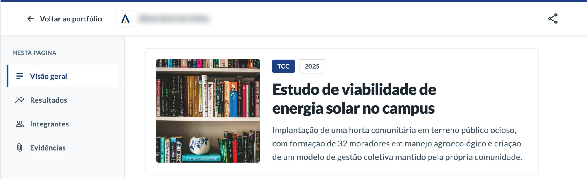 A project page in the public portfolio: cover image, type and year, title and summary, with a side index. The institution's name is blurred.