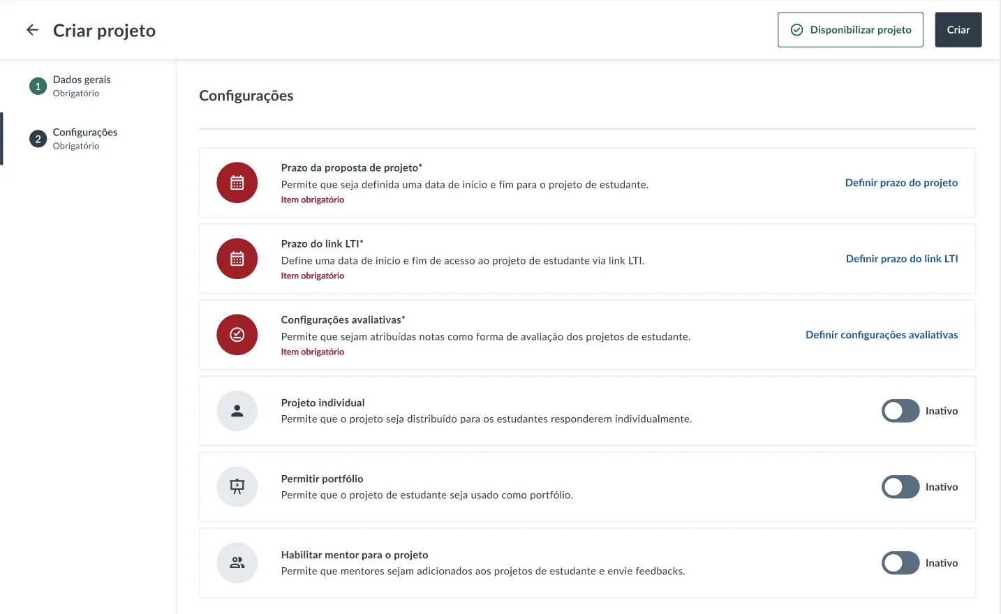 The new project settings: one card per option, each with a description, required items marked, and on/off toggles.