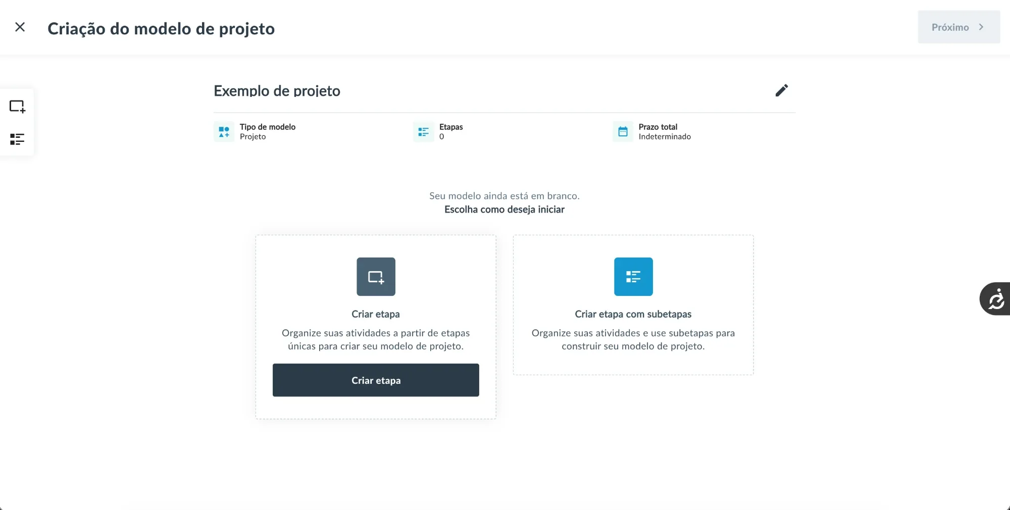 A new project template, still blank, offering two ways to start: create a stage, or a stage with sub-stages.
